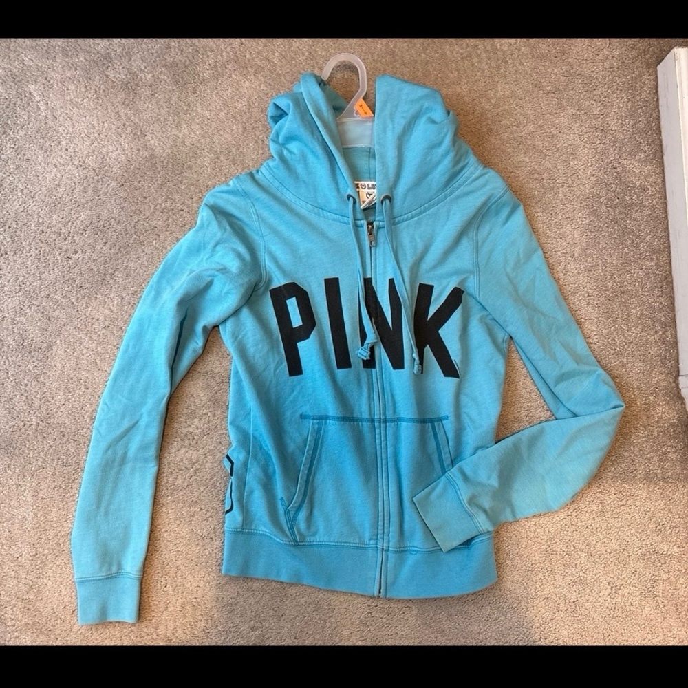PINK Victoria's Secret Aqua Zip-Up Hoodie with Black Logo